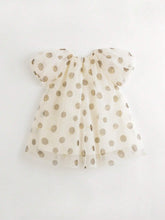 Young Girls' Sweet Polka Dot Mesh Puff Sleeve Short Sleeve Round Neck Dress, Summer